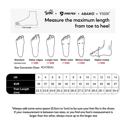 ABARO KCA785A1 size chart (sizes 36 to 47)