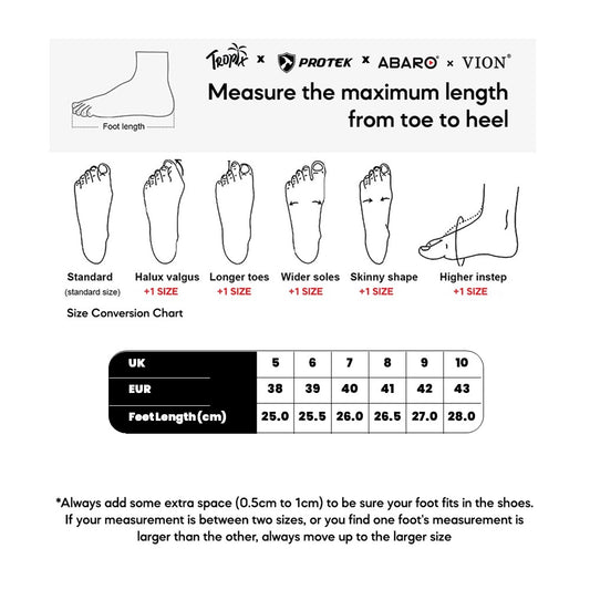 ABARO PT99 size chart (sizes 38 to 43)