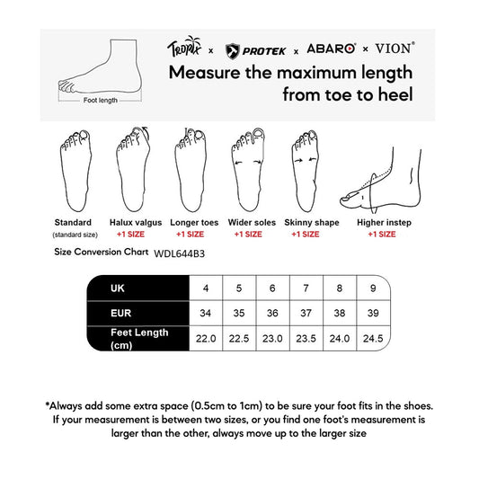 ABARO WDL644B3 size chart (sizes 4 to 9)