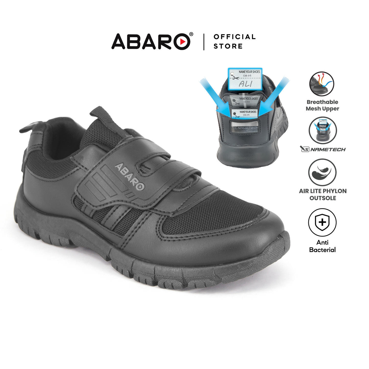 ABARO Breathable Mesh 2351N School Shoes Black <Name Your Shoes> Slip Resistant/Kasut Sekolah Hitam/Kasut Budak
