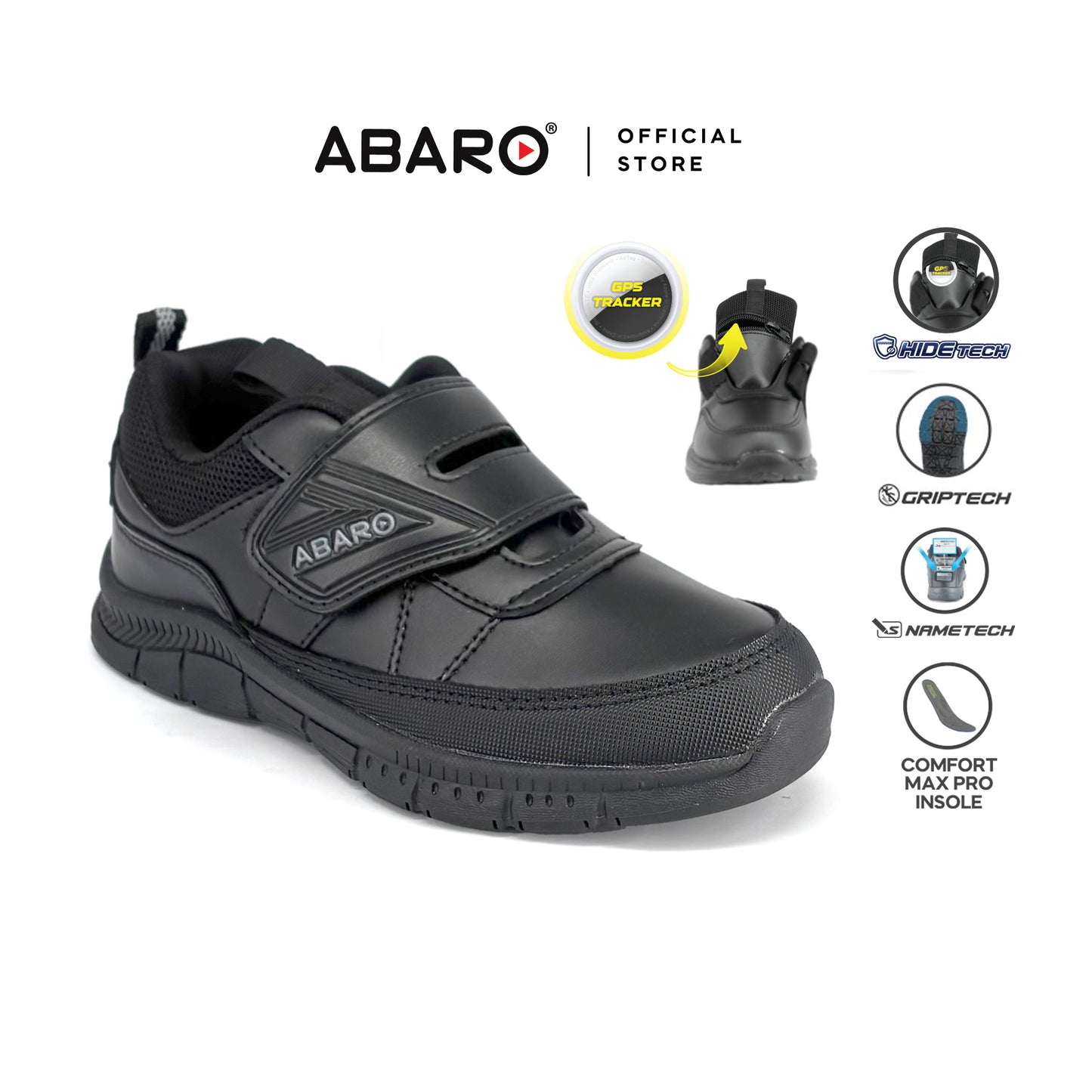 ABARO HideTech + GripTech H2278N Hidden GPS Pocket School Shoes/Kasut Unisex/Kasut Tulis Nama