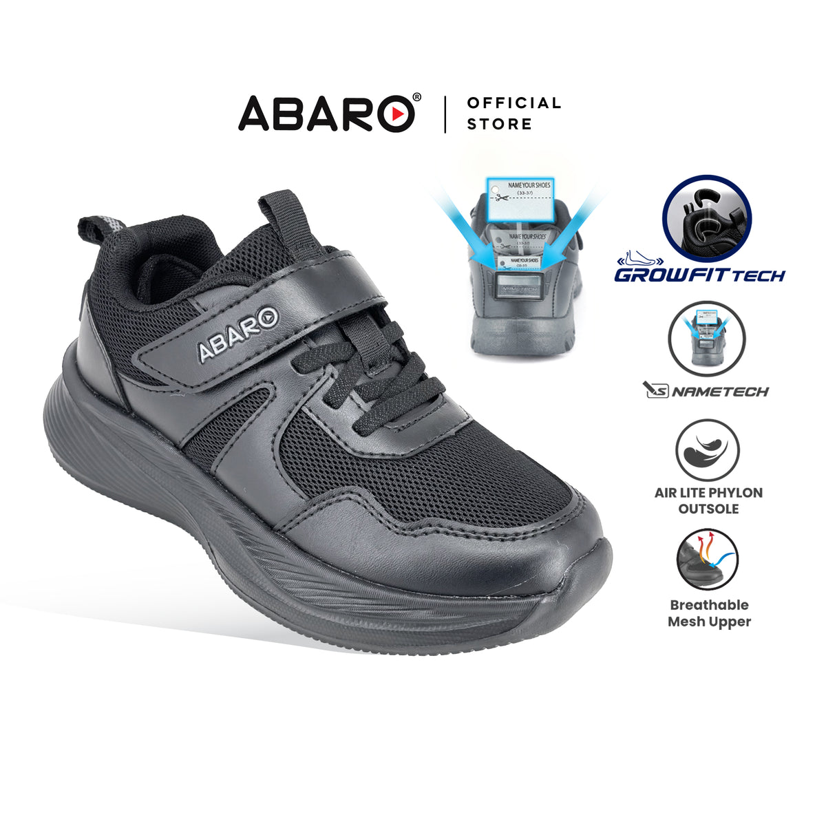 ABARO G2853N NEW GrowFitTech School Shoes | Kasut Sekolah Kanak-Kanak | Extra Room as Feet Grow | Lightweight