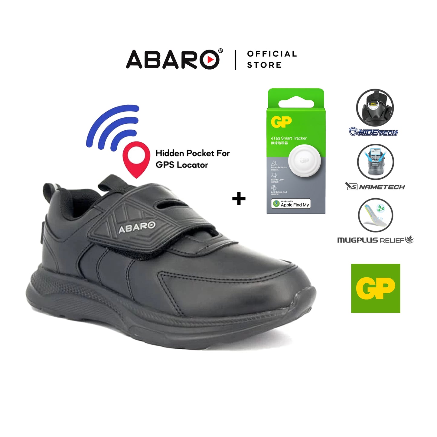 Bundle Deal ABARO Combo HideTech H2819N Hidden GPS Pocket School Shoes/Kasut Sekolah + GP eTag Tracker | iOS Only
