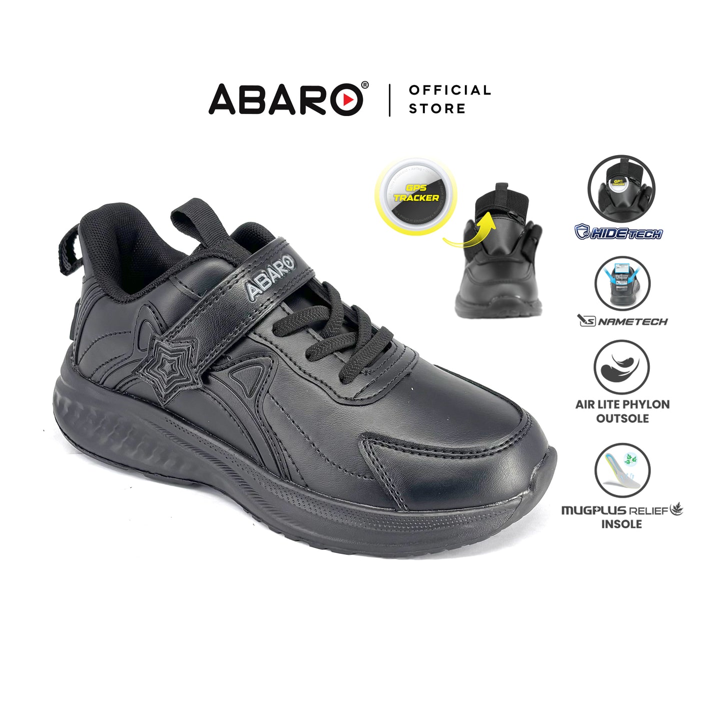 ABARO HideTech H2812N Hidden GPS Pocket School Shoes/Kasut Unisex/Kasut Tulis Nama