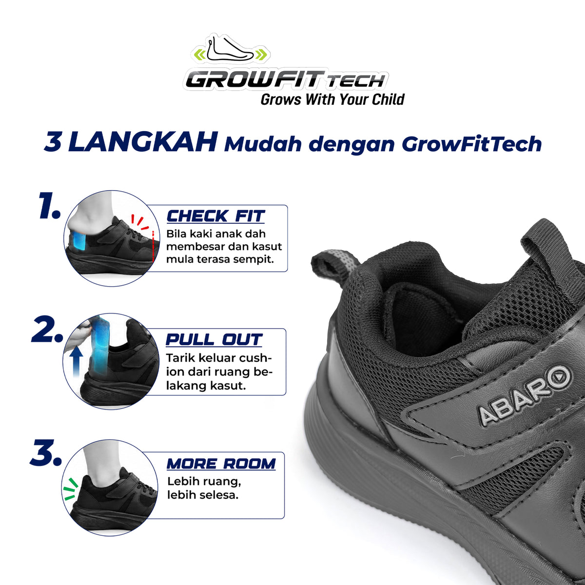 ABARO G2853N NEW GrowFitTech School Shoes | Kasut Sekolah Kanak-Kanak | Extra Room as Feet Grow | Lightweight
