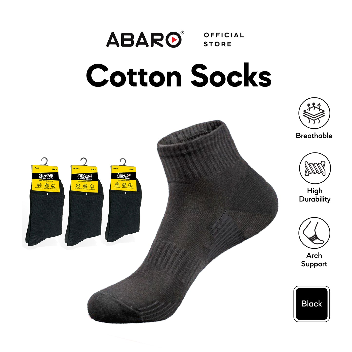 ABARO Cotton Unisex Socks Black AS05 Stoking Hitam/Stokin Pelajar/School Socks/Stokin Sekolah/Student Stoking