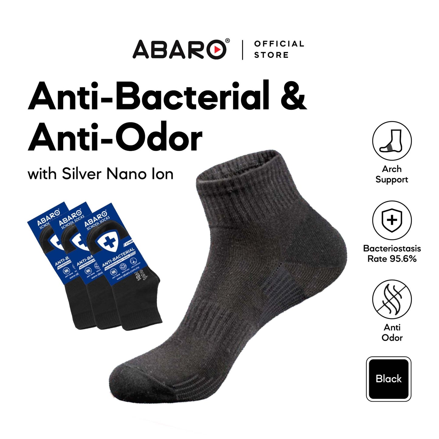 ABARO Unisex 3pairs Antibacterial Socks AS03 Comfy Cotton/Stoking Sekolah Antibakteria Hitam
