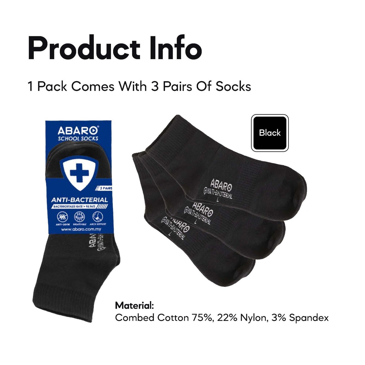ABARO Unisex 3pairs Antibacterial Socks AS03 Comfy Cotton/Stoking Sekolah Antibakteria Hitam
