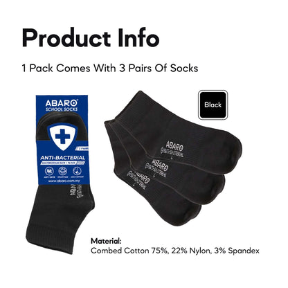 ABARO Unisex 3pairs Antibacterial Socks AS03 Comfy Cotton/Stoking Sekolah Antibakteria Hitam