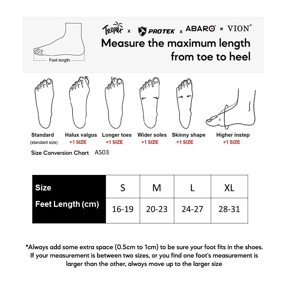 ABARO AS03 size chart (sizes S to XL)