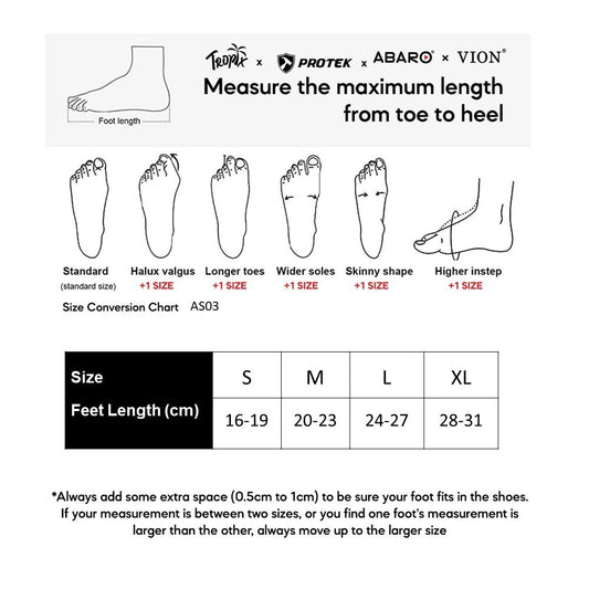 ABARO AS03 size chart (sizes S to XL)