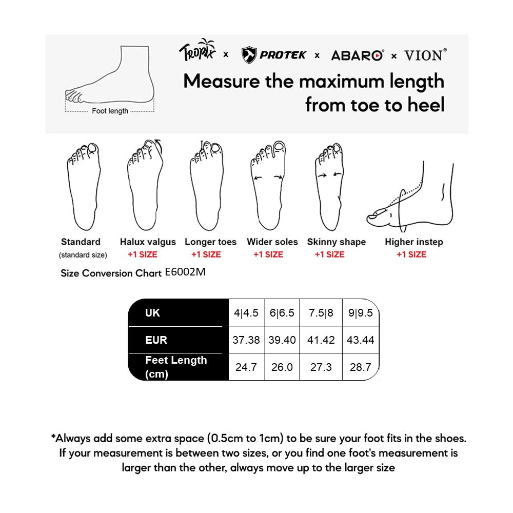 ABARO E6002M size chart (sizes 37.38 to 43.44)