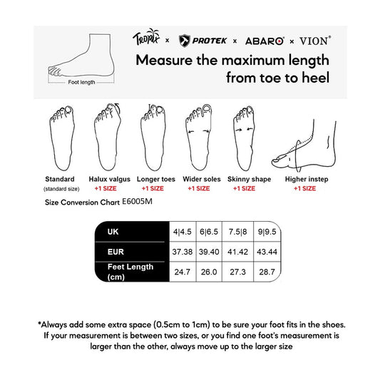 ABARO E6005M size chart (sizes 37.38 to 43.44)