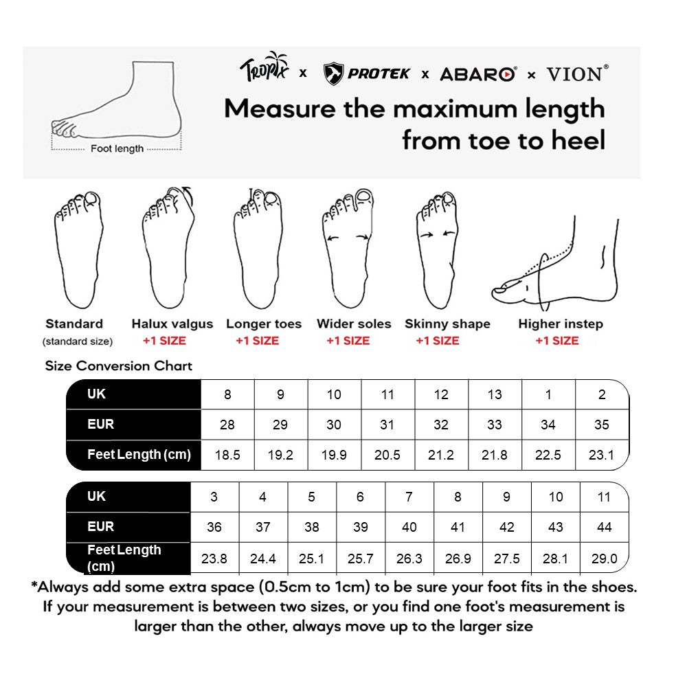 ABARO 2323N size chart (sizes 28 to 44)