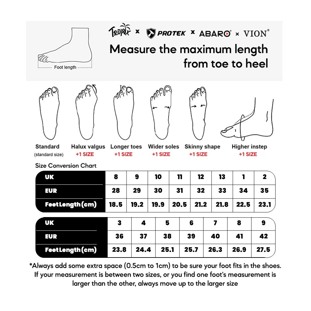 ABARO 2351N size chart (sizes 28 to 44)