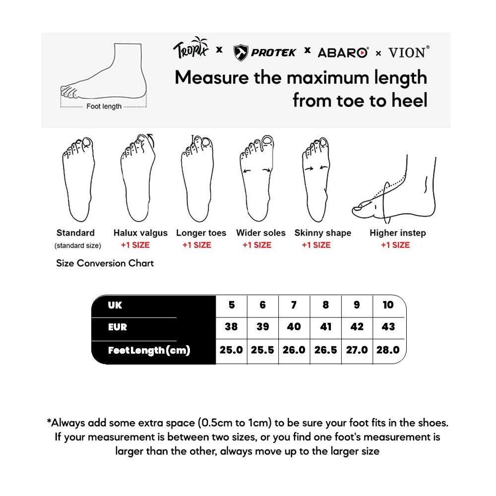 ABARO PT99 size chart (sizes 38 to 43)