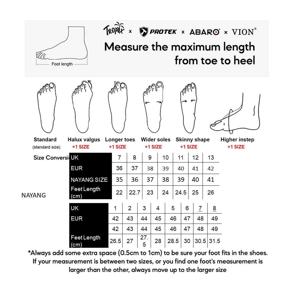 ABARO Nanyang 205-S size chart (sizes 30 to 49)
