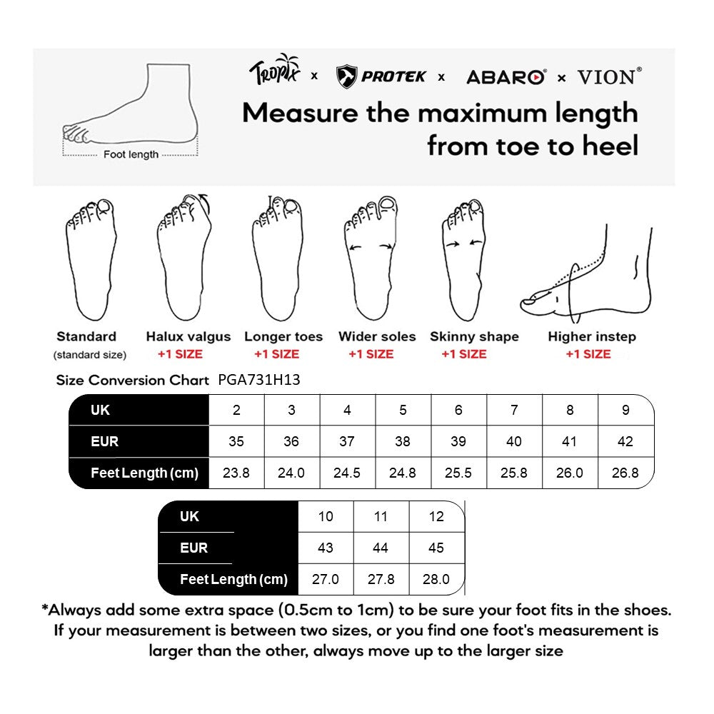 ABARO PGA731L13 size chart (sizes 40 to 45)