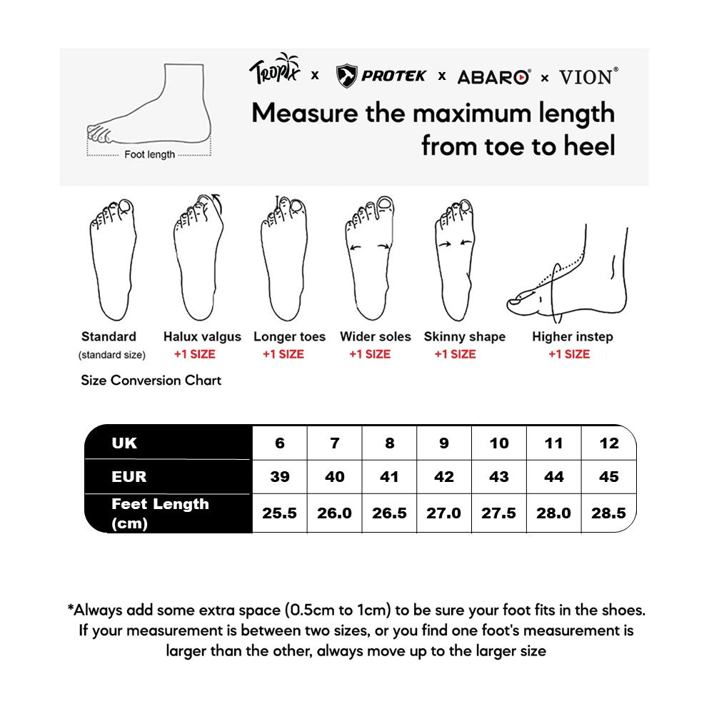 ABARO PGA731L5 size chart (sizes 40 to 45)
