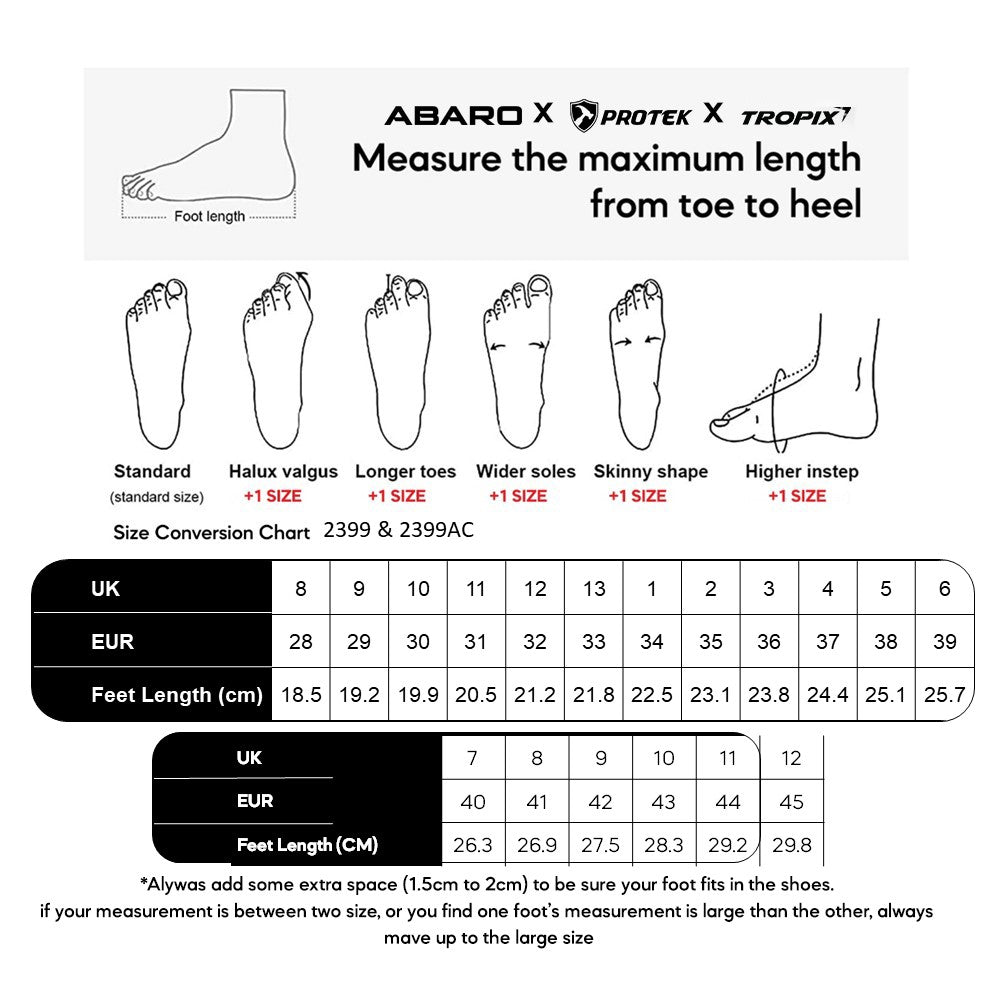 ABARO 2399 size chart (sizes 28 to 45)