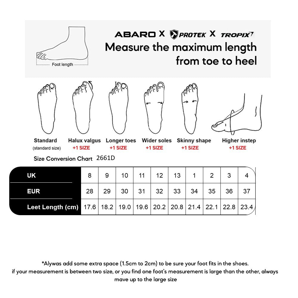 ABARO 2661D size chart (sizes 28 to 37)