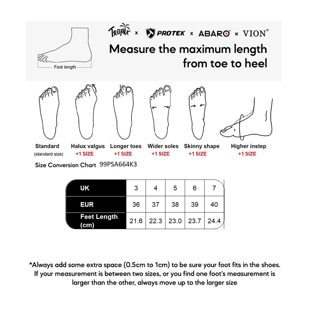 ABARO 99PSA664K3 size chart (sizes 36 to 40)