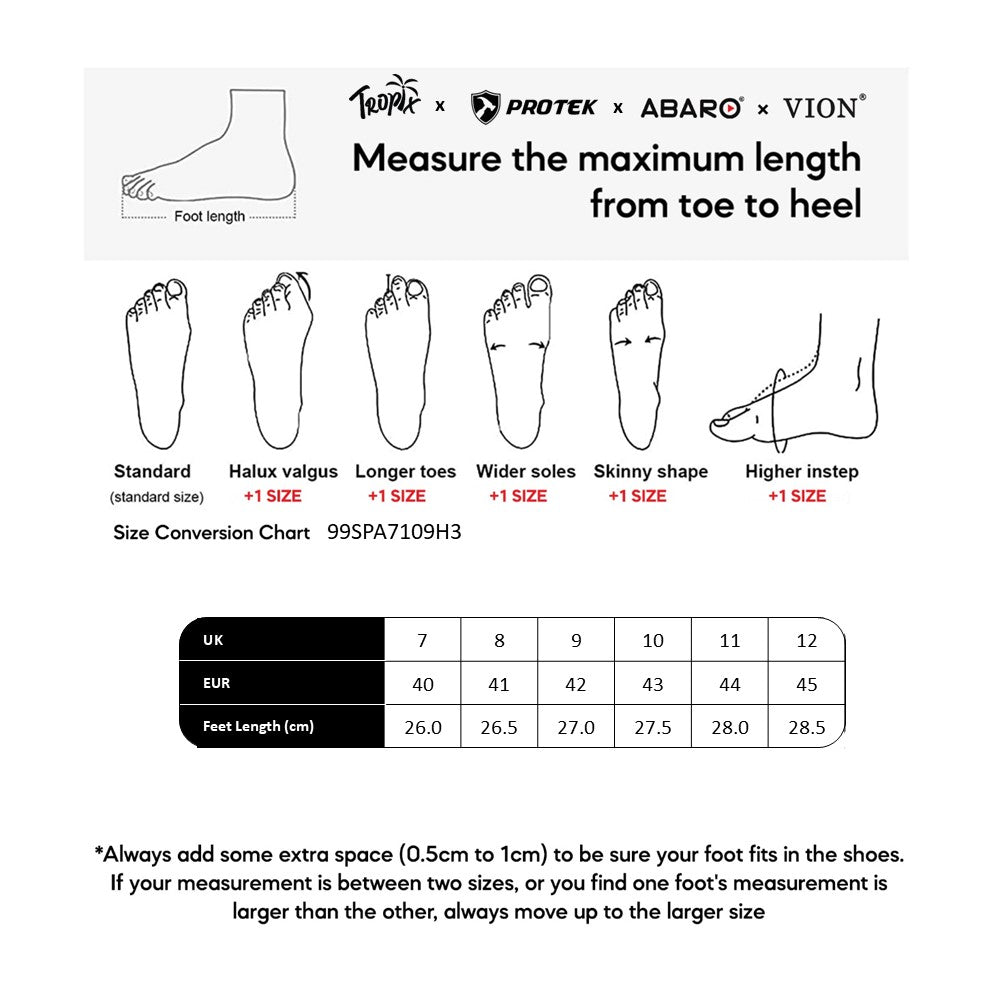 ABARO 99SPA7109H3 size chart (sizes 40 to 45)