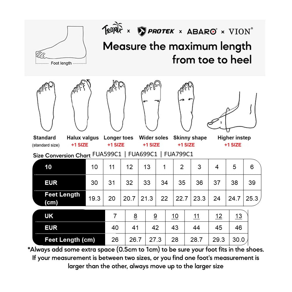 ABARO FUA599C1/FUA699C1/FUA799C1 size chart (sizes 30 to 46)
