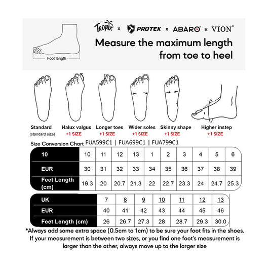 ABARO FUA599C1/FUA699C1/FUA799C1 size chart (sizes 30 to 46)