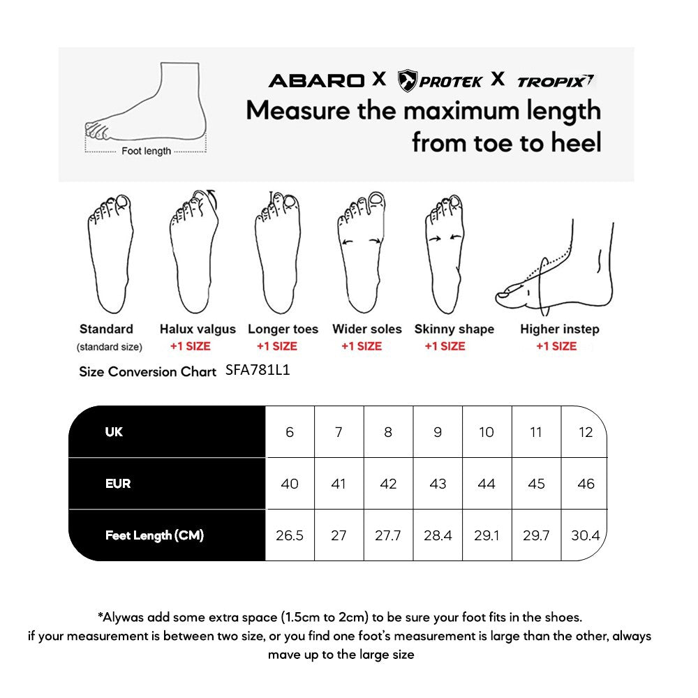 ABARO SFA781L1 size chart (sizes 40 to 46)