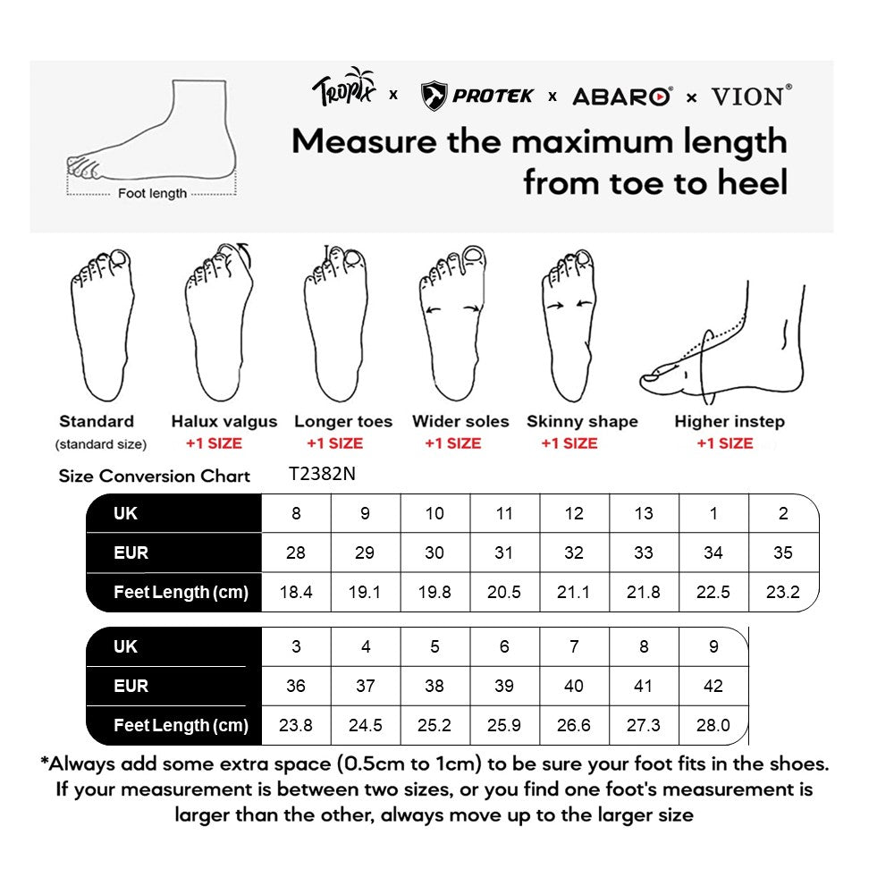 ABARO T2382N size chart (sizes 28 to 42)