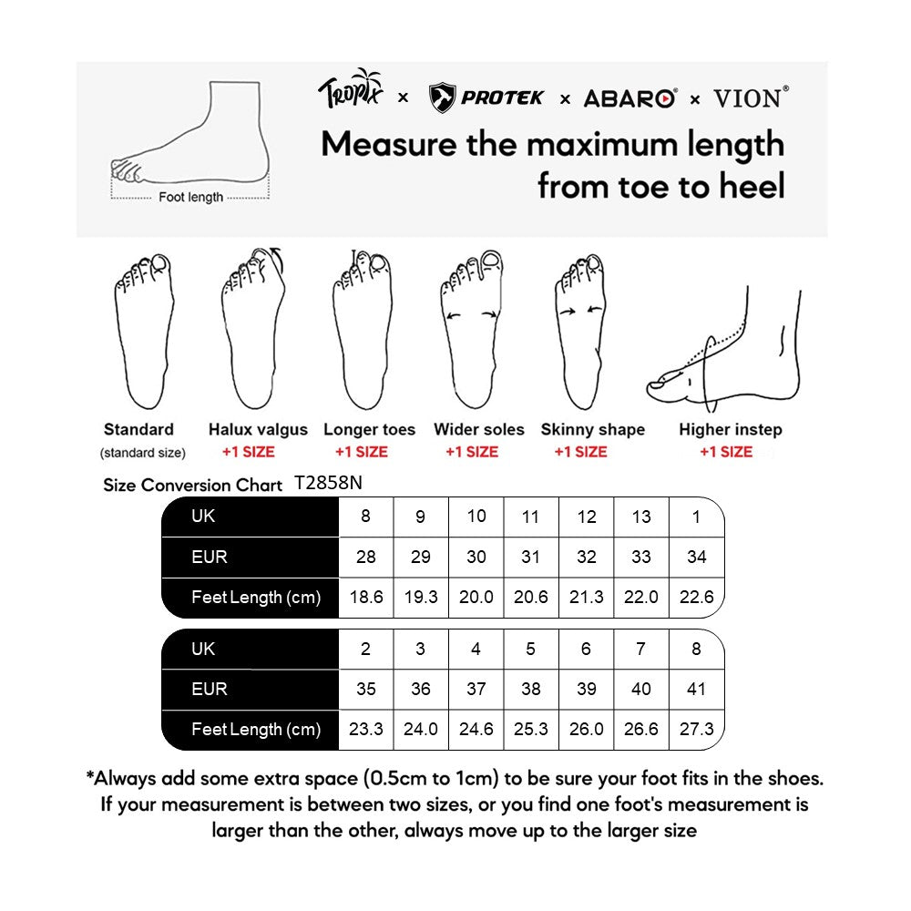 ABARO T2858N size chart (sizes 28 to 41)