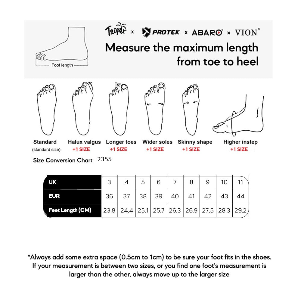 ABARO 2355 size chart (sizes 36 to 45)