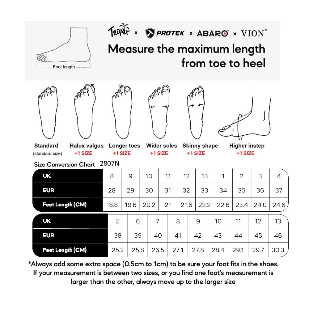 ABARO 2807N size chart (sizes 28 to 44)