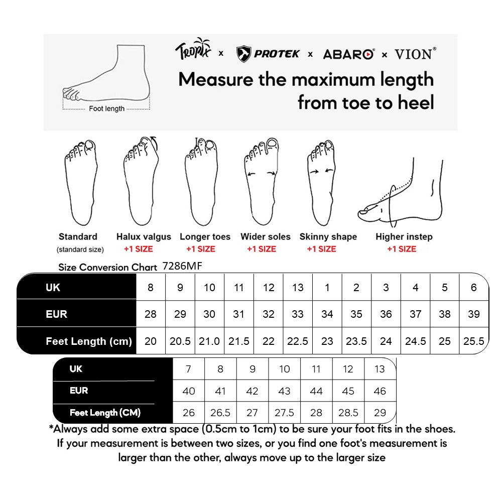 ABARO 7286MF size chart (sizes 28 to 46)