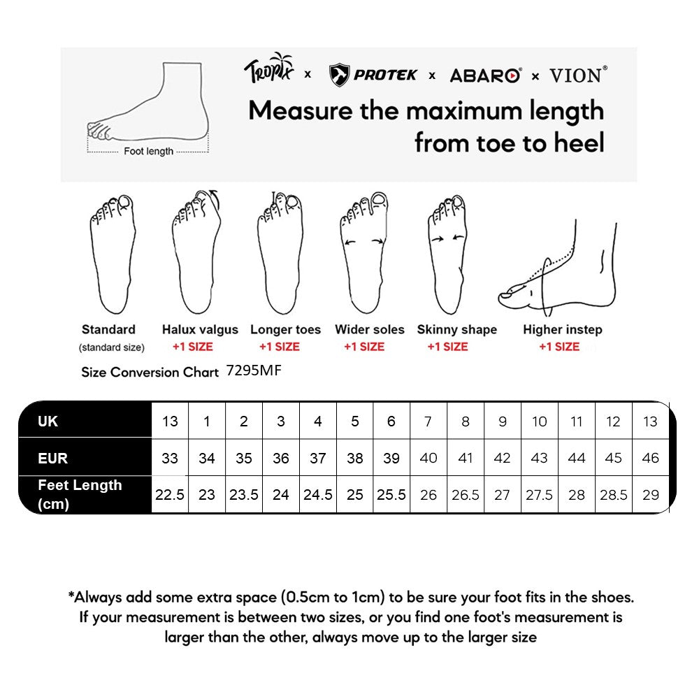 ABARO 7295MF size chart (sizes 33 to 46)