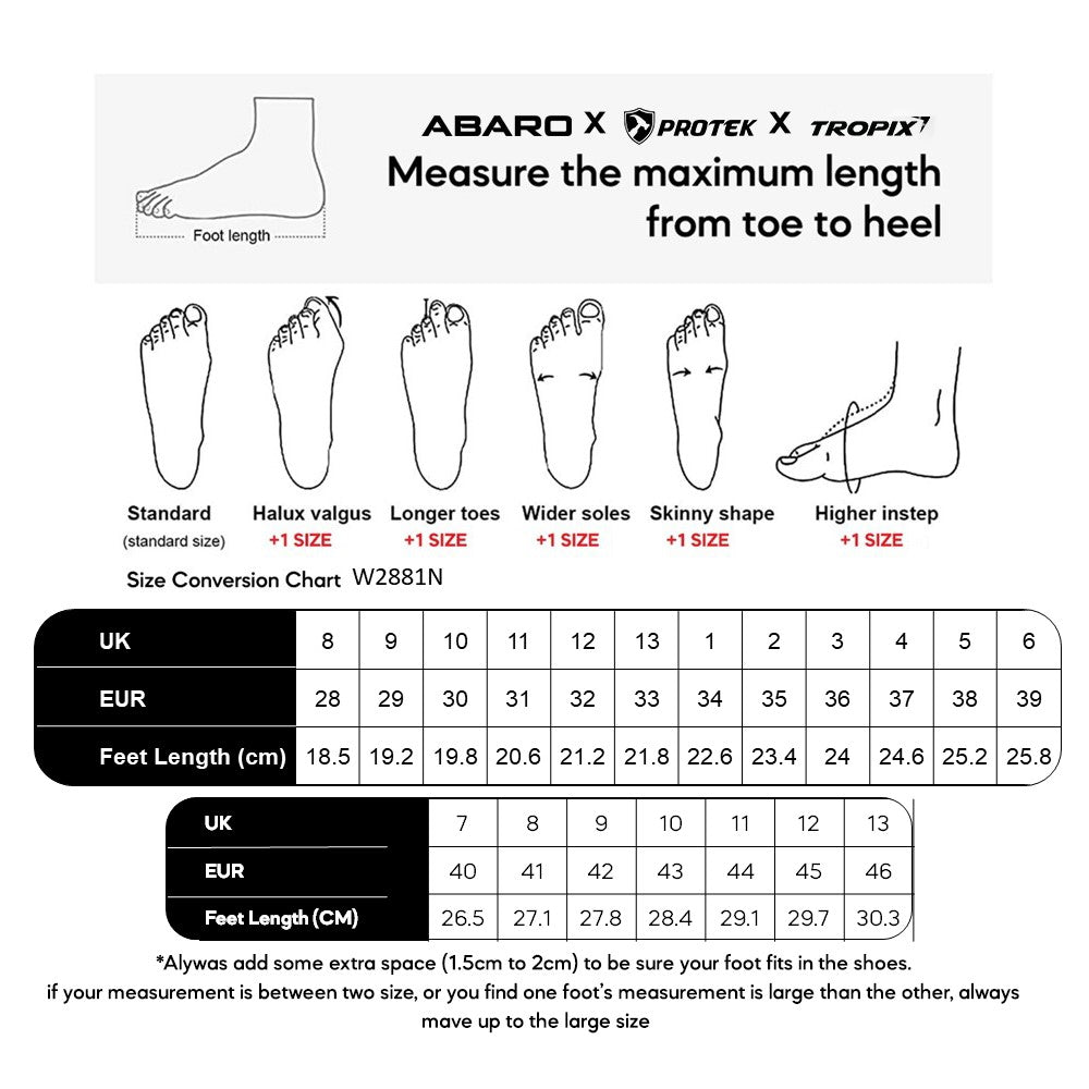ABARO W2881N size chart (sizes 28 to 46)