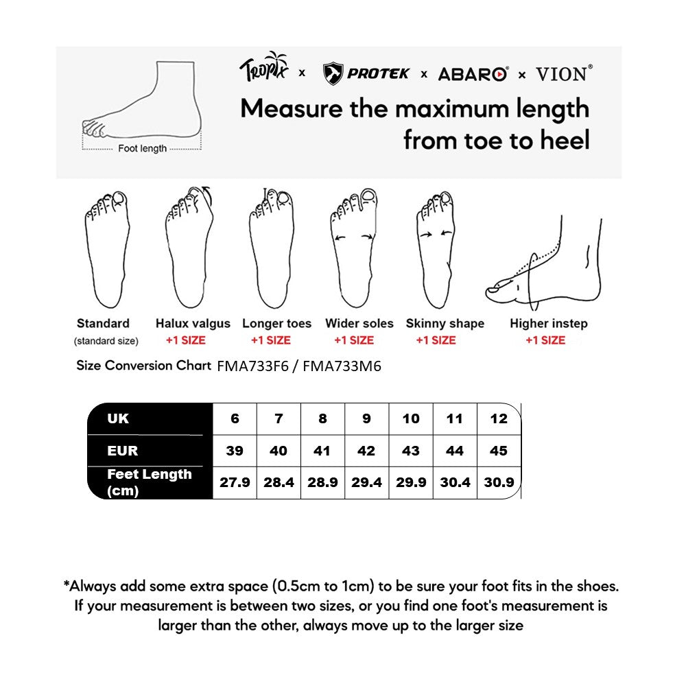 ABARO FMA733M6 size chart (sizes 39 to 45)