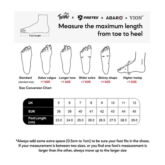 PROTEK PT77 size chart (sizes 38 to 45)