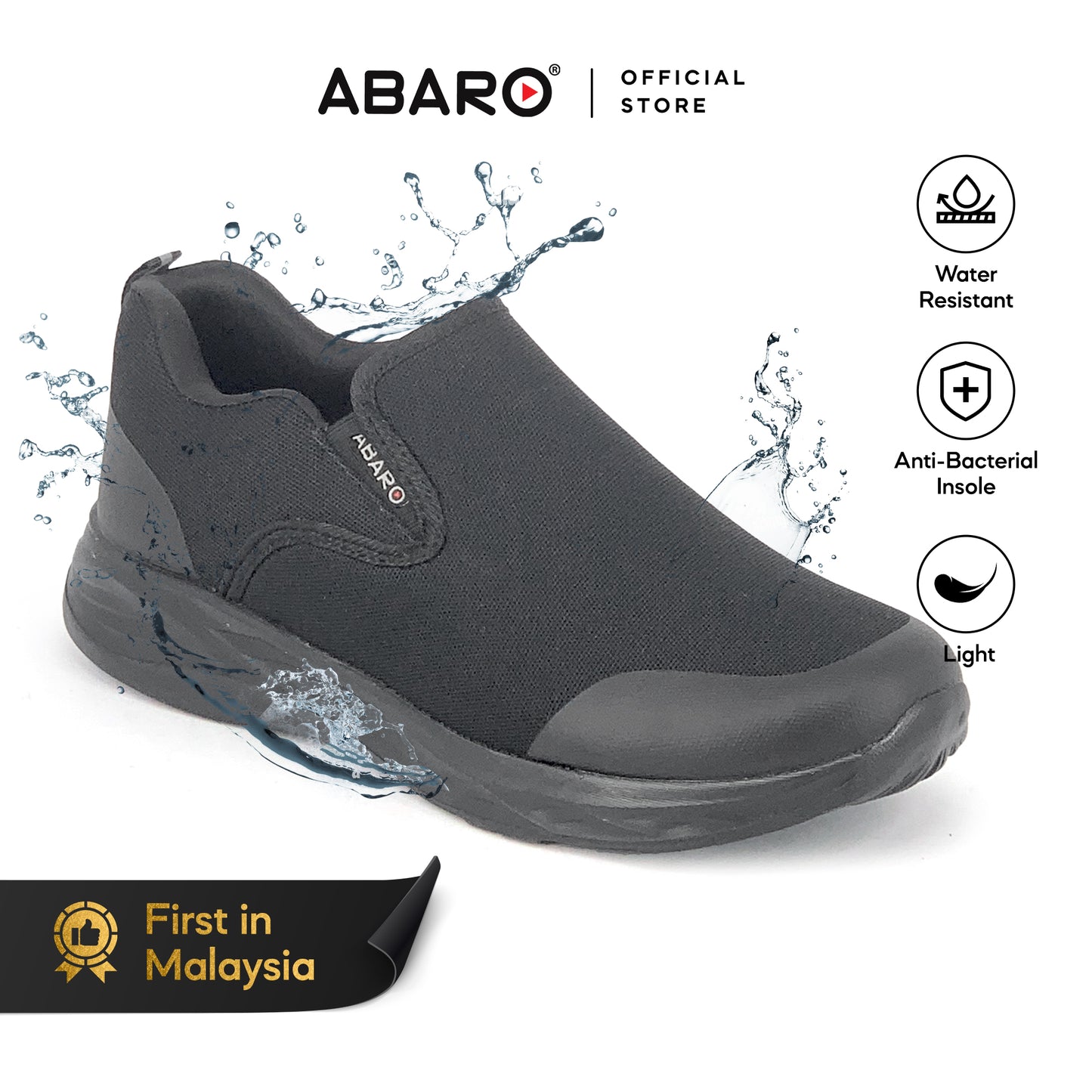 Abaro Water Resistant Anti-Bacterial Canvas Shoes W2883 Sneakers Men/Secondary school/School Shoes/Kasut Sekolah Hitam