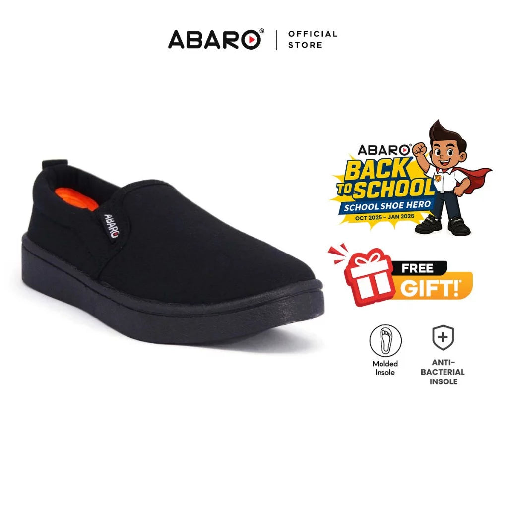 ABARO Unisex Slip Resistant 2626D 2626 Anti Bacterial Super Comfy/School Shoes/Slip On Canvas/Kasut Sekolah Hitam/??