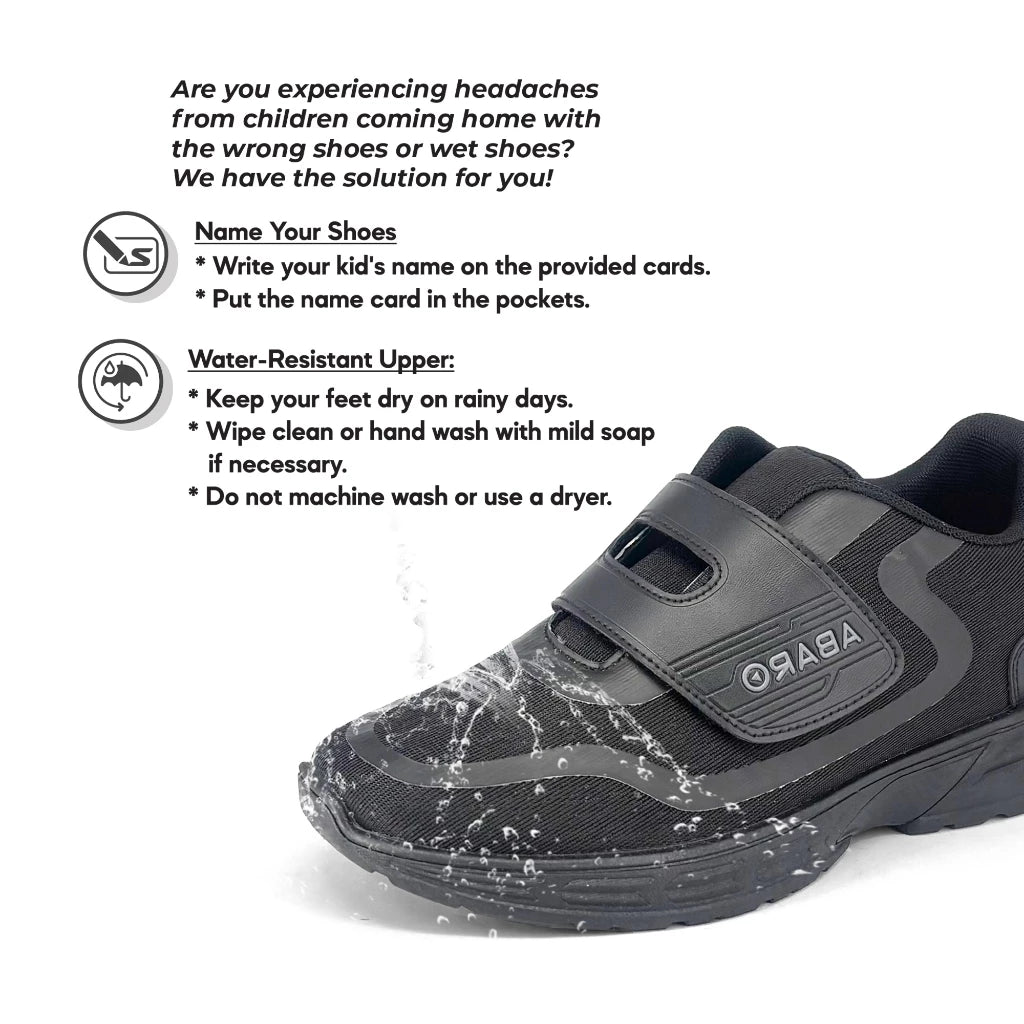 Abaro DryTech + GripTech + NameTech W2331N School Shoes Water Resistant/Name You Shoes/Kasut Sekolah Hitam/Kasut Unisex