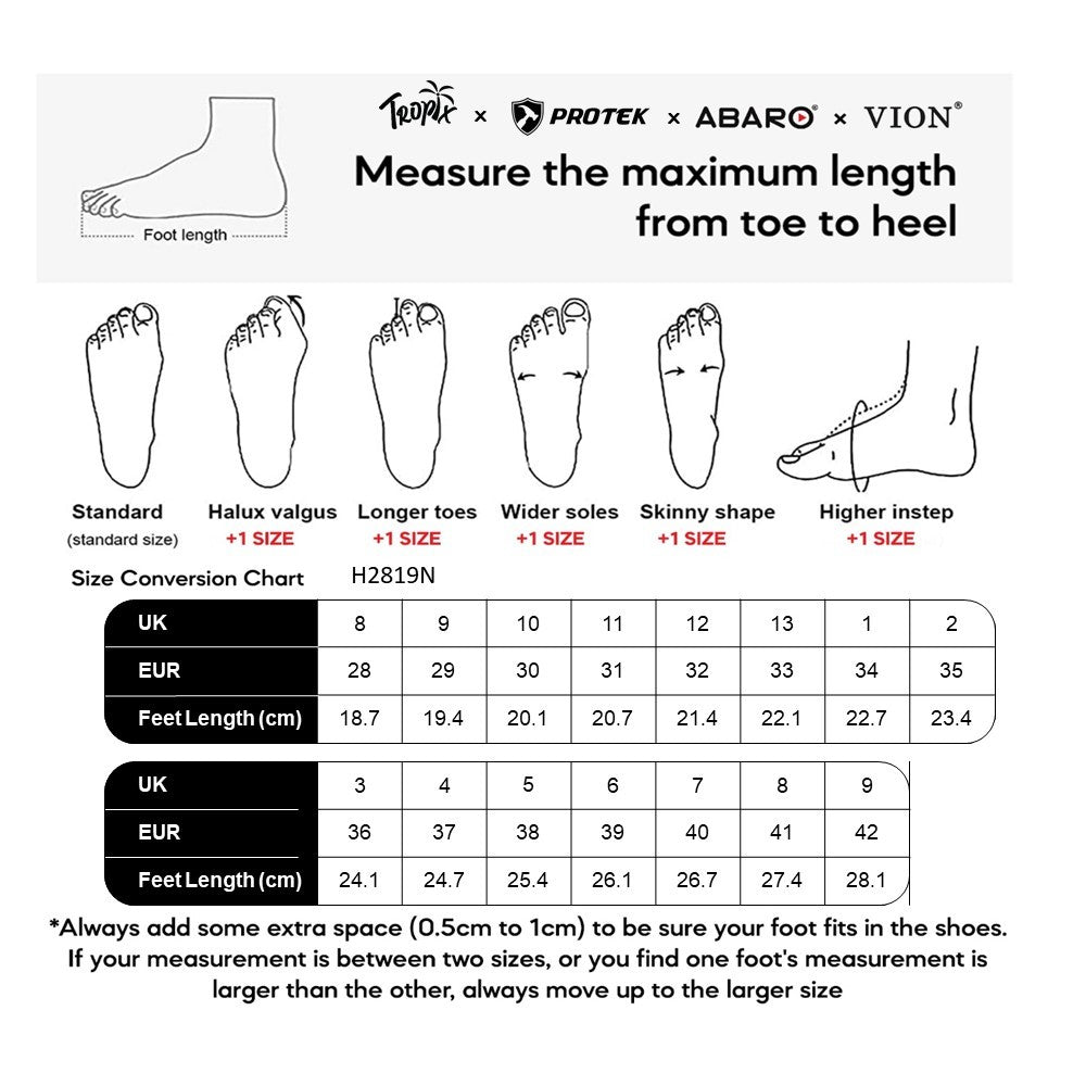 ABARO H2819N size chart (sizes 28 to 42)