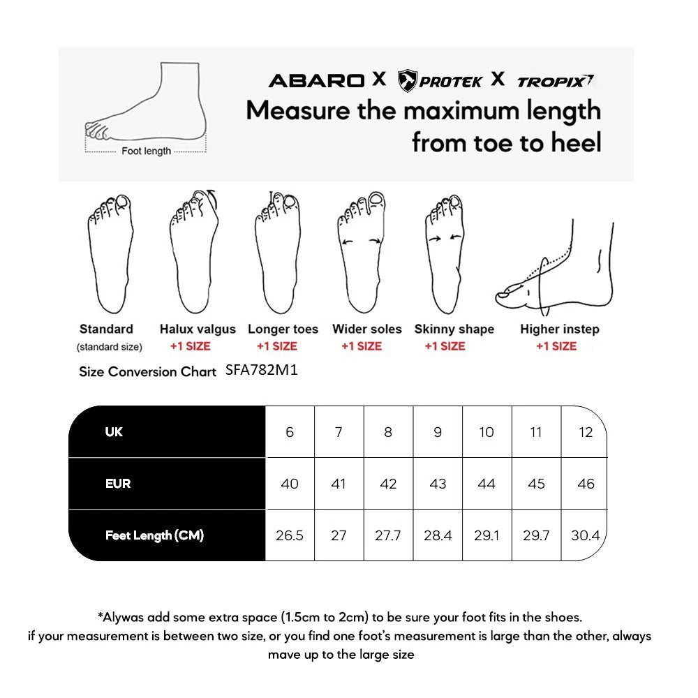 ABARO SFA782M1 size chart (sizes 40 to 46)
