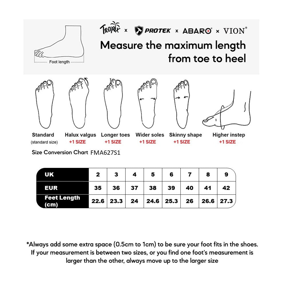 ABARO FMA627S1 size chart (sizes 35 to 42)