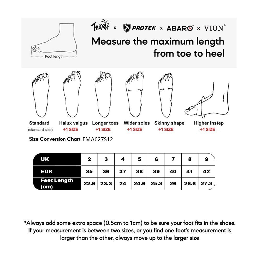 ABARO FMA627S12 size chart (sizes 35 to 42)
