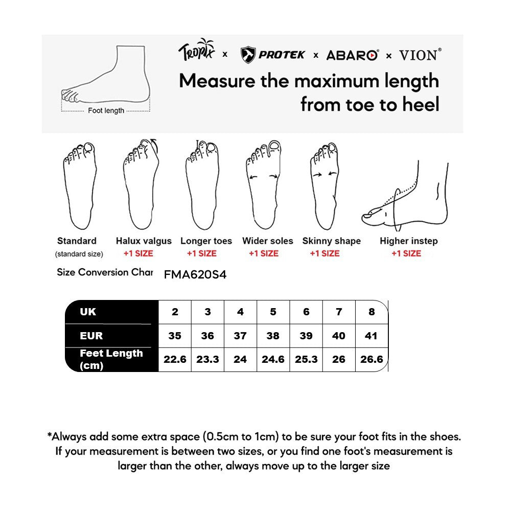 ABARO FMA627S4 size chart (sizes 35 to 40)