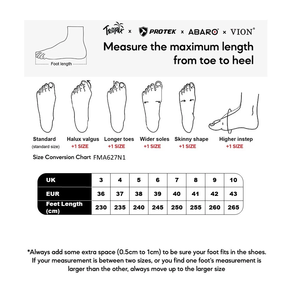 ABARO FMA627N1 size chart (sizes 36 to 43)